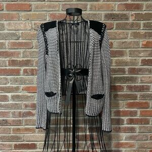 Tart Black & White Cardigan, Suede Shoulders & Silver Chain Stitching, Medium